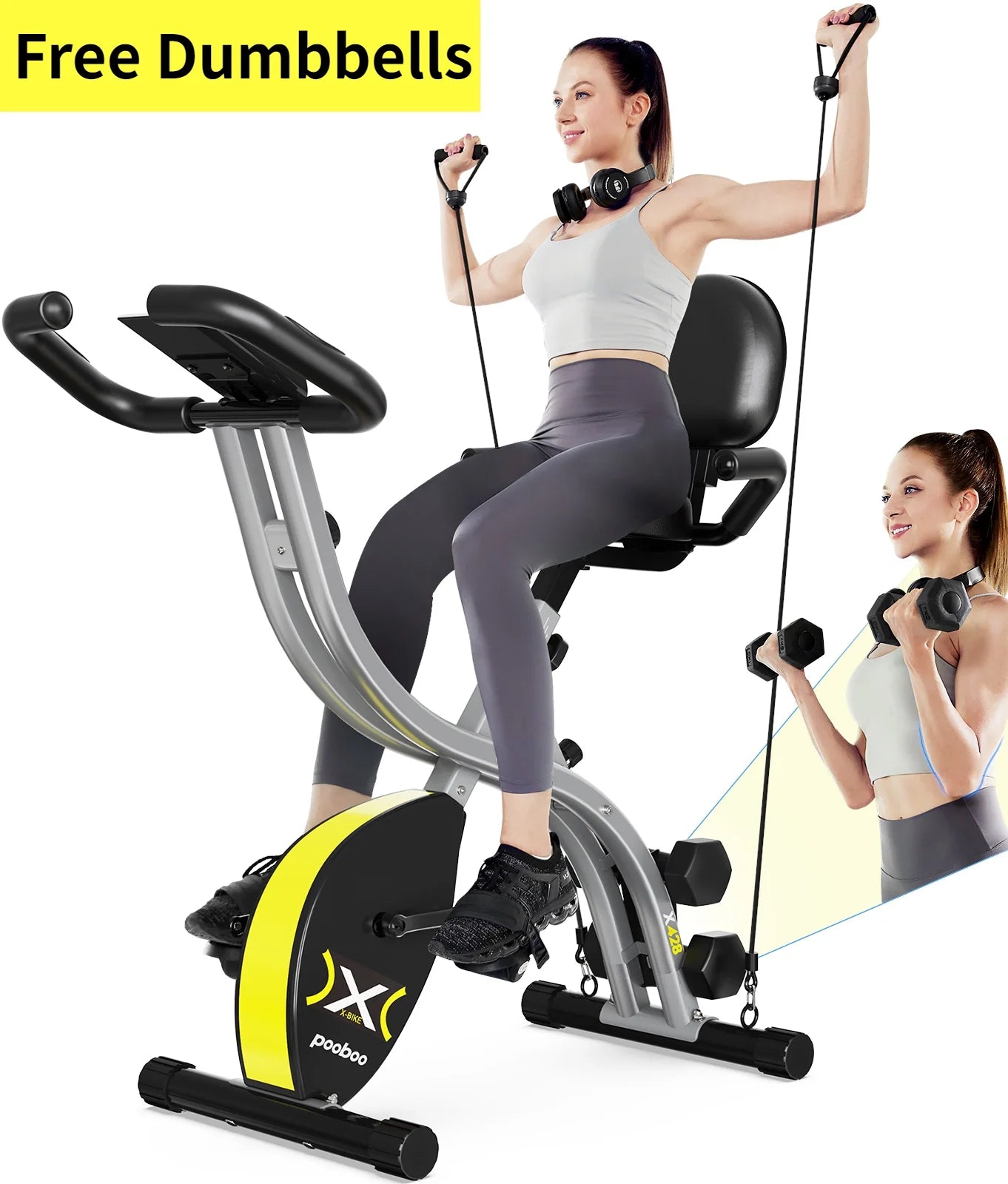 Folding Exercise Bike Indoor Stationary Cycling Bicycle Upright Magnetic Workout Bicycle with Dumbbells and Resitance Bands Maximum Weight 300LBS