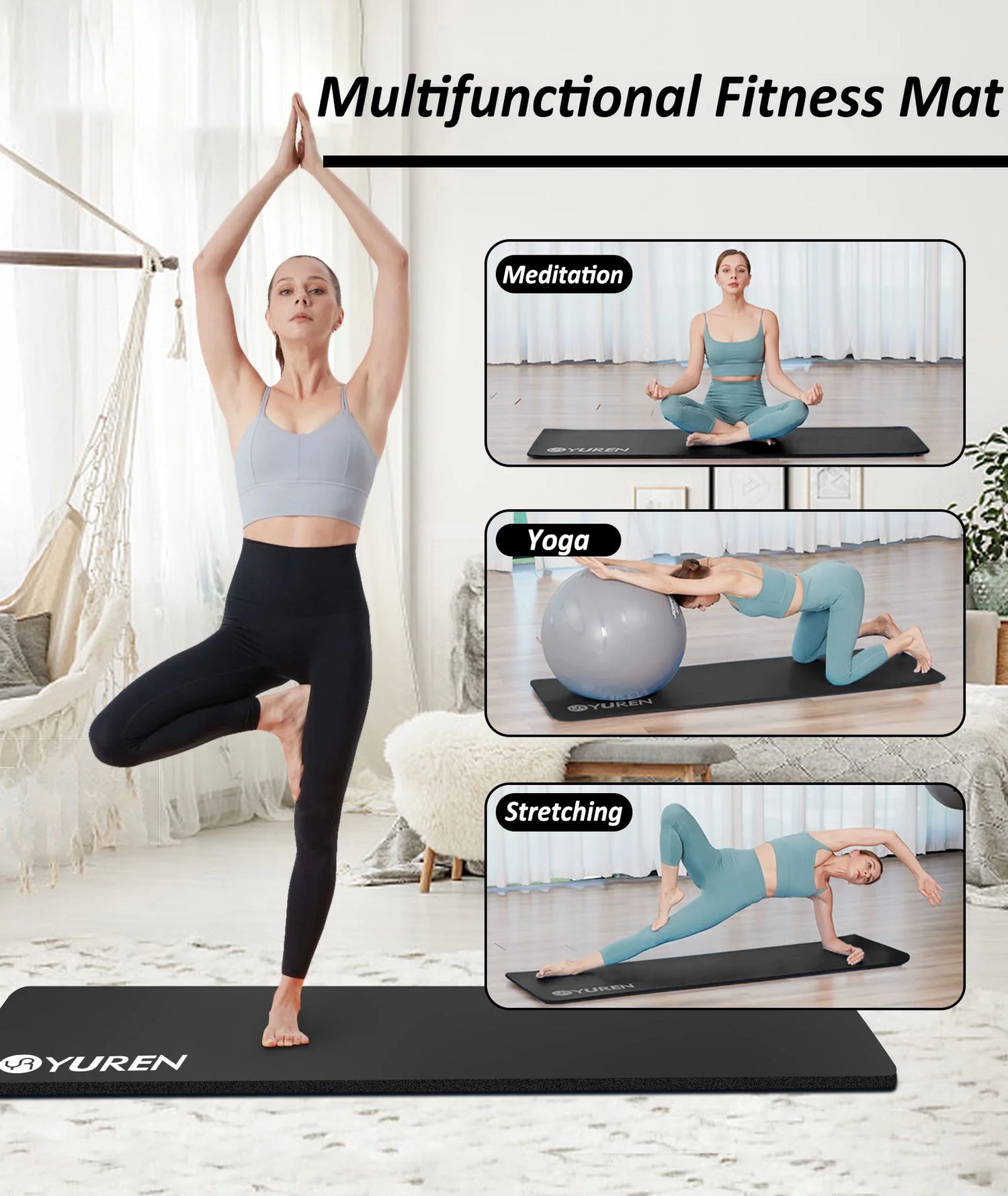 Thick Yoga Mat 1 Inch High-Density NBR Foam Pilates Exercise Stretching Fitness Mats, Black W/ Bag