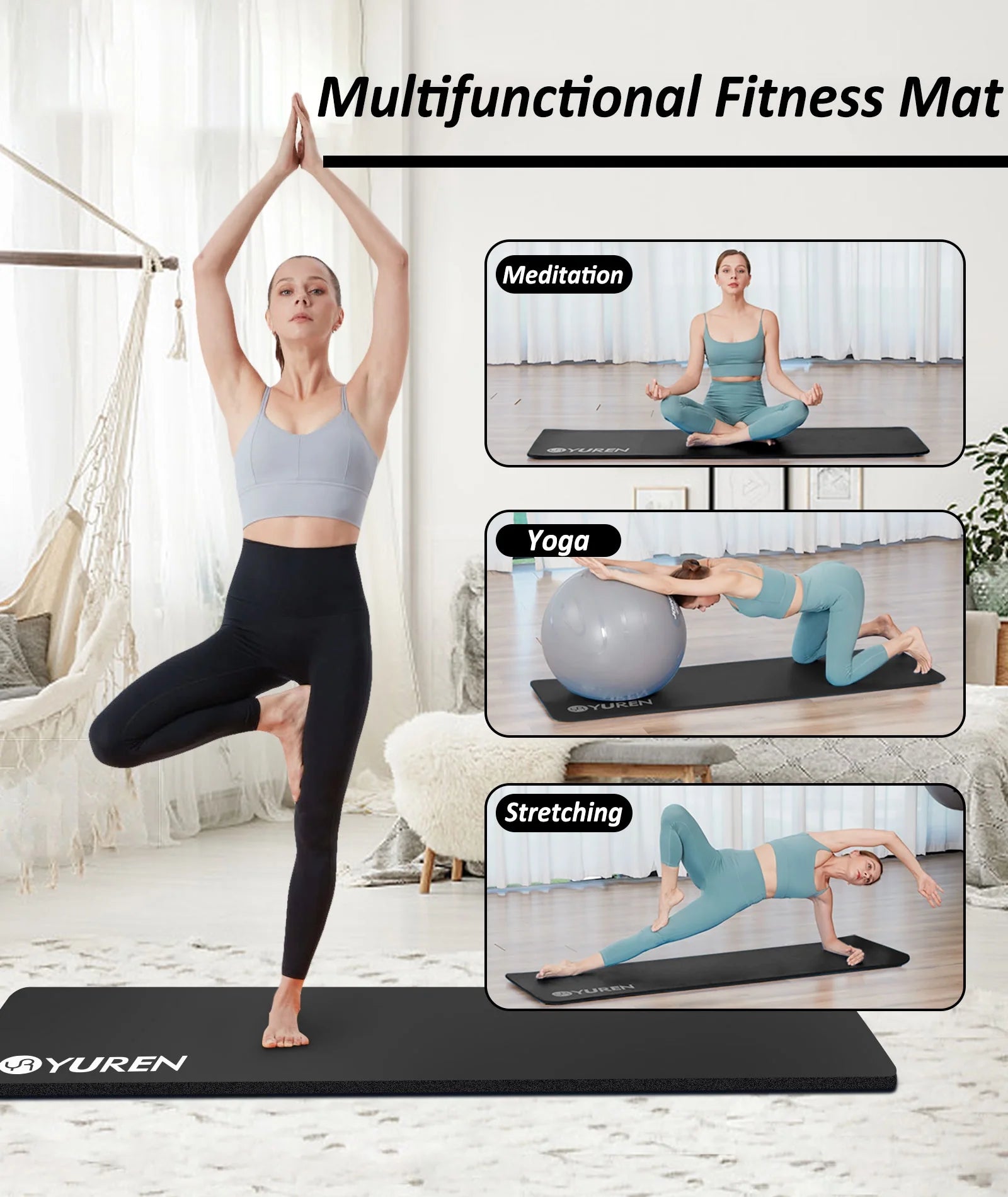 Thick Yoga Mat 1 Inch High-Density NBR Foam Pilates Exercise Stretching Fitness Mats, Black W/ Bag